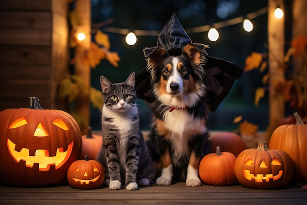 Katten en honden in Halloween kostuums zitten op een versierde veranda.