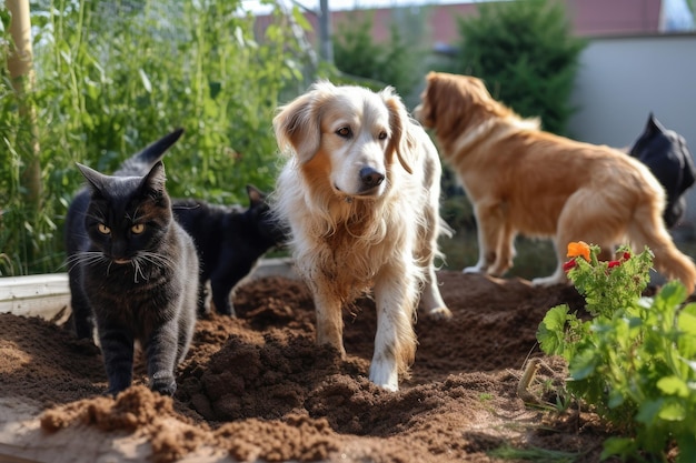 Katten en honden met vuile poten graven in de tuin gemaakt met generatieve AI