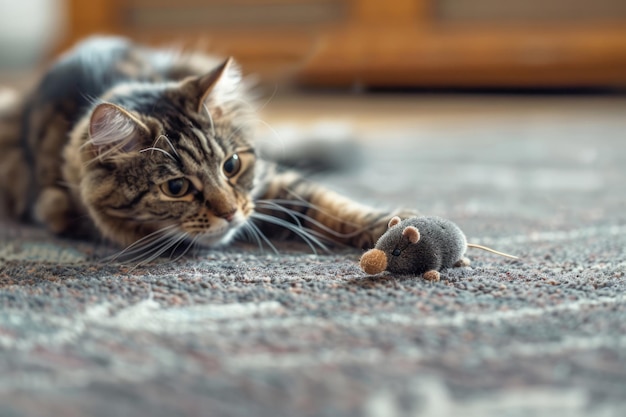 Katten jagen op speelgoedmuis op een tapijt thuis Generatieve AI