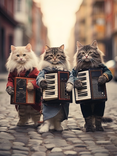 katten met de accordeon die op straat staan