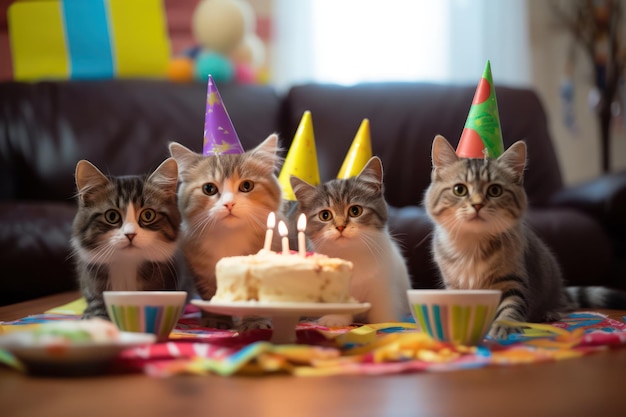 Katten met feestmutsen zitten aan een tafel met een taart