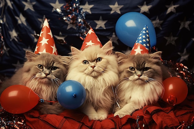 Katten vieren Amerikaanse onafhankelijkheidsdag 4 vierde juli usa illustratie generatieve ai