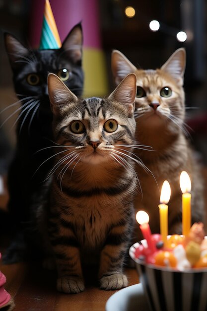 Katten zitten voor een taart. Ze vieren een verjaardag.