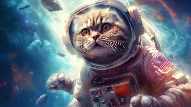 Kattenastronaut in de ruimte met een ruimtepak