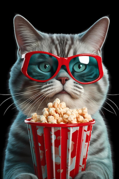 kattenkarakter met bril Hij eet popcorn die door AI is gegenereerd