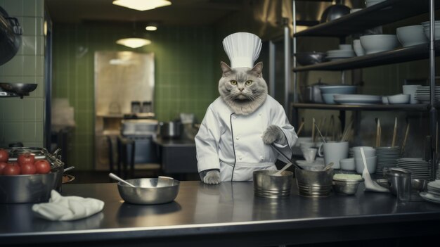 Kattenkokken die eten bereiden in de keuken van een restaurant