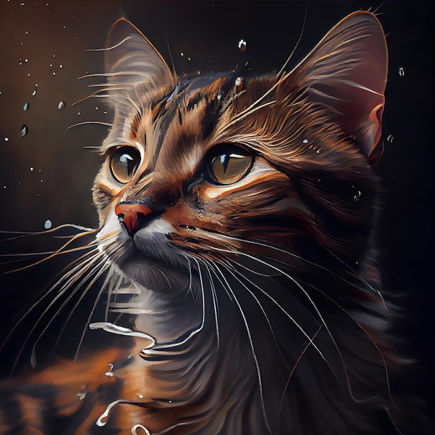 Kattenportret met waterdruppels Digitaal schilderen op een zwarte achtergrond
