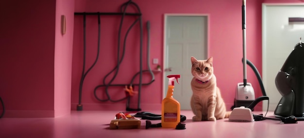 kattenreiniger op een roze achtergrond reinigt het huis met een stofzuiger schoonmaakbedrijf concept