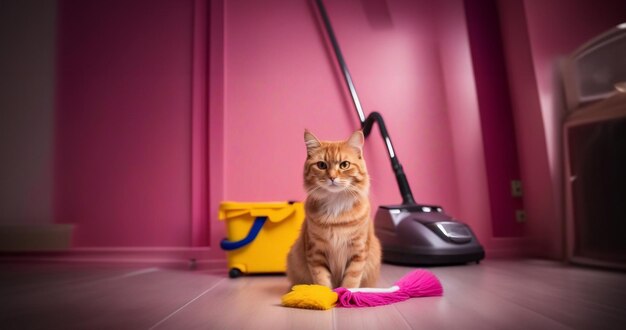 kattenreiniger op een roze achtergrond reinigt het huis met een stofzuiger schoonmaakbedrijf concept