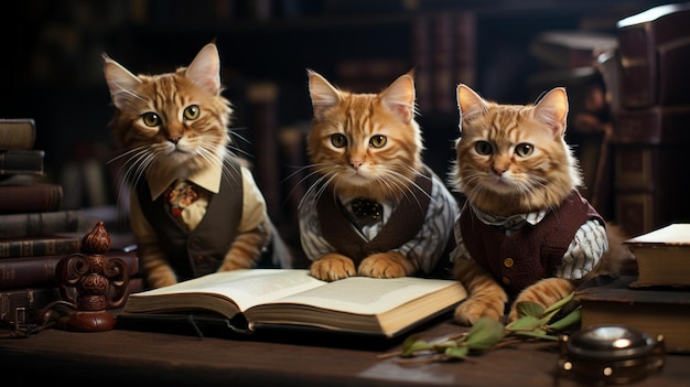 Kattenschooljongens met een boek