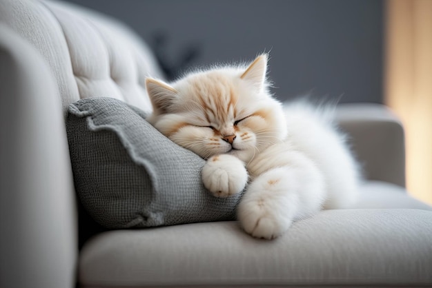 Foto kattenslaap in een lichte woonkamer schoon interieur witte bank