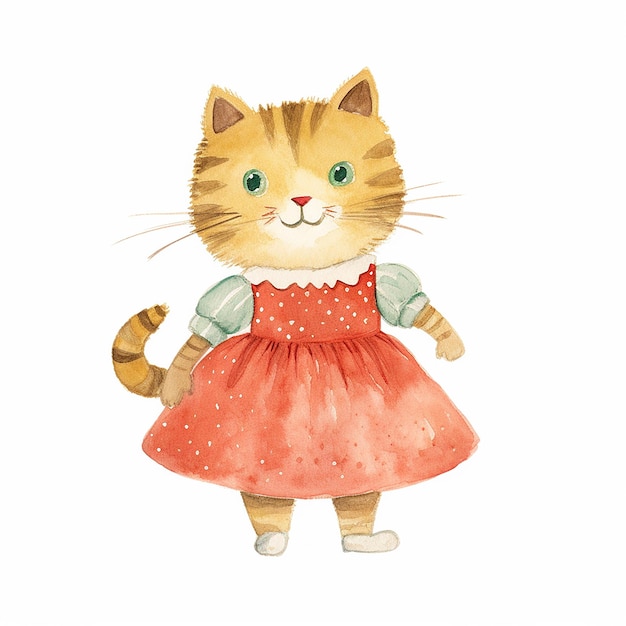 Kattenvrienden Groep katten met blouse en rok Aquarel