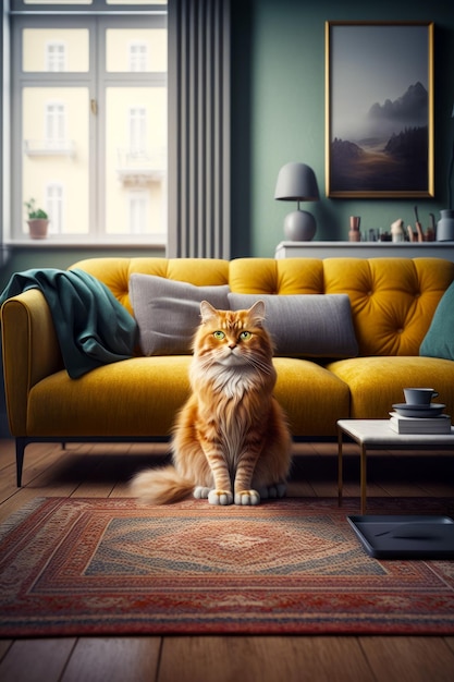 Kattenzitting op kleed voor gele bank in woonkamer Generatieve AI