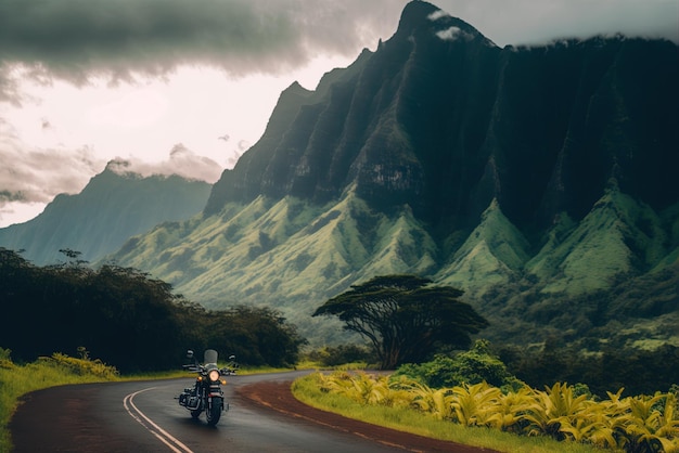 Kauai Hawaii verticale motorfiets weg foto met schilderachtige berg achtergrond