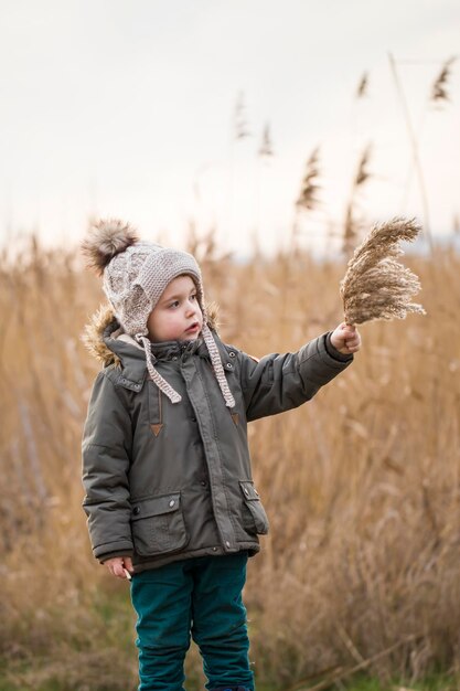 Kaukasisch kind buiten spelen Peuter wandelen door het platteland in de late herfst en bij slecht weer Pampas gras kind loopt en verzamelt herfst natuurlijke materialen voor ambachten Verticale foto