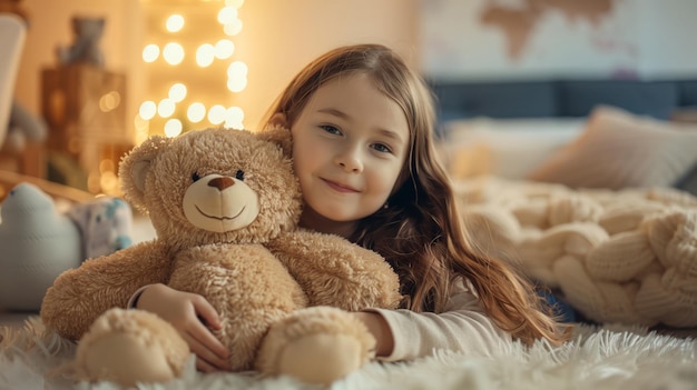 Kaukasisch meisje met lang haar dat met een schattige teddybeer speelt in een gezellige speelkamer in moderne stijl