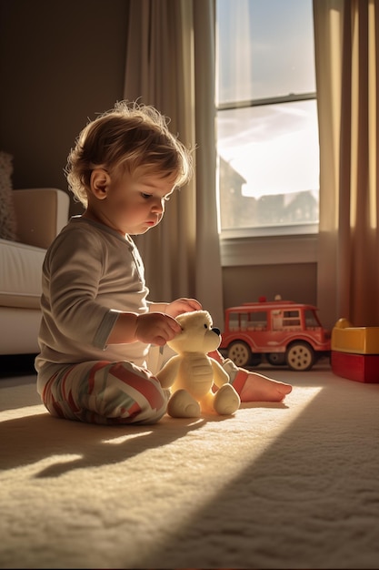 Kaukasische baby speelt met een teddybeer in de speelkamer