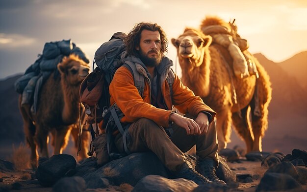 Foto kaukasische backpacker man met rugzak zakken zit op het zand met kamelen voor de reis in de woestijn