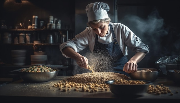 Kaukasische chef-kok die biologische zelfgemaakte volkorenmaaltijd bereidt, gegenereerd door AI