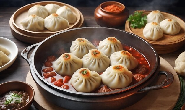 Kaukasische dumplings in de saus en besprenkeld met kruiden