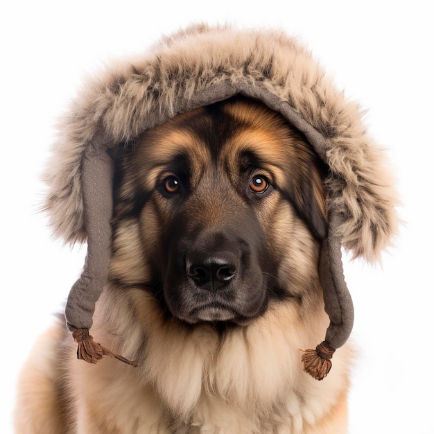 Kaukasische herdershond in een harige nationale Kaukasische hoed papakha herdershondenportret close-up