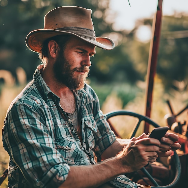 Kaukasische knappe jonge man boer in hoed staan Ai generatieve