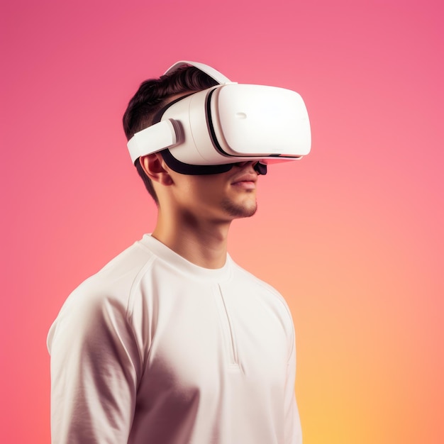 Foto kaukasische man die een vr- en ar-headset draagt op een roze achtergrond gemaakt met behulp van generatieve ai-technologie