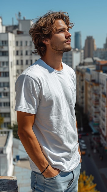 Kaukasische man op de achtergrond van de zomer stedelijke moderne stad