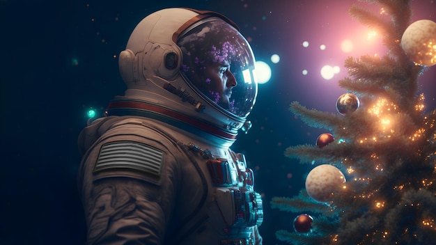 Kaukasische mannelijke astronaut staat naast versierde kerstboom neuraal netwerk gegenereerde kunst