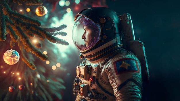 Kaukasische mannelijke astronaut staat naast versierde kerstboom neuraal netwerk gegenereerde kunst