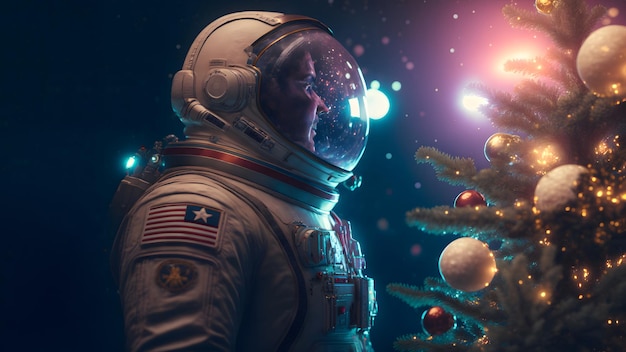 Kaukasische mannelijke astronaut staat naast versierde kerstboom neuraal netwerk gegenereerde kunst