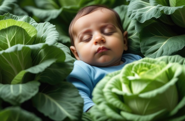 Foto kaukasische peuter jongen in kool pasgeboren baby slaapt in de tuin op de grond omringd door groenten