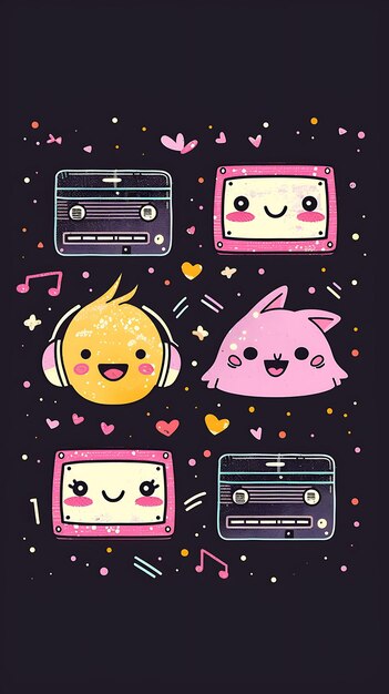 Kawaii Art Ink With Cute Characters and Pastel Colors Rou Collage Texture Art Design Glowing