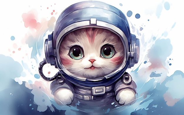 Kawaii Astronaut Kitten Waterverf Kunst Generatieve Ai