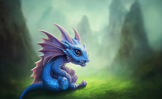 Kawaii Baby Dragon Cute Яркая и красочная 3D-рендеринг-анимация Очаровательный малыш-дракон с большими глазами и реалистичной чешуей в его естественной среде обитания в стиле цифрового искусства иллюстрация живопись