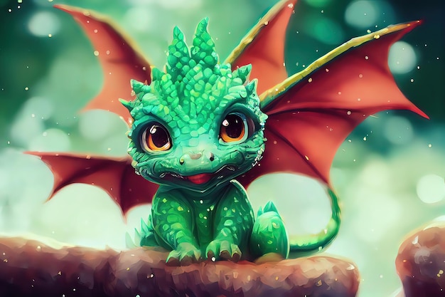 かわいい赤ちゃんドラゴン かわいい明るくカラフルな 3 d レンダリング アニメーション 大きな目と彼の自然な生息地で現実的なスケールを持つ愛らしいドラゴンの赤ちゃん デジタル アート スタイル イラスト絵画