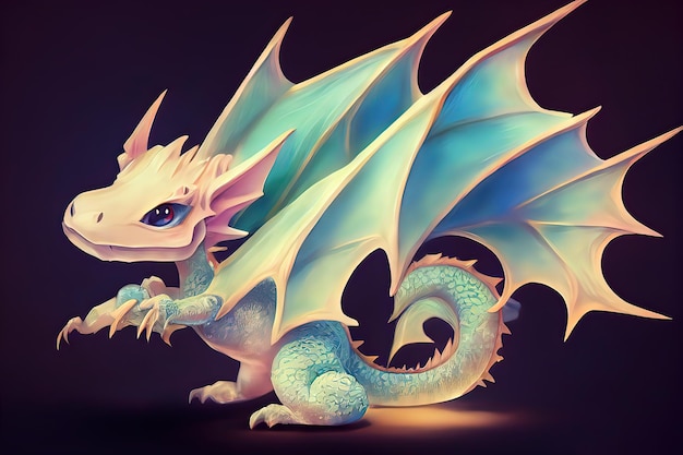 A Kawaii Baby Dragon Cute Bright and colorful 3D render animation Adorable dragon baby with large eyes and realistic scales in his natural habitat digital art style illustration painting