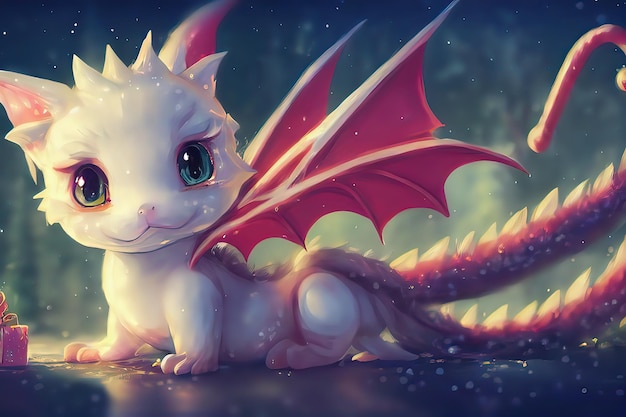 Kawaii Baby Dragon Cute Яркая и красочная 3D-рендеринг-анимация Очаровательный малыш-дракон с большими глазами и реалистичной чешуей в его естественной среде обитания в стиле цифрового искусства иллюстрация живопись