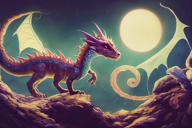 A Kawaii Baby Dragon Cute Bright and colorful 3D render animation Adorable dragon baby with large eyes and realistic scales in his natural habitat digital art style illustration painting