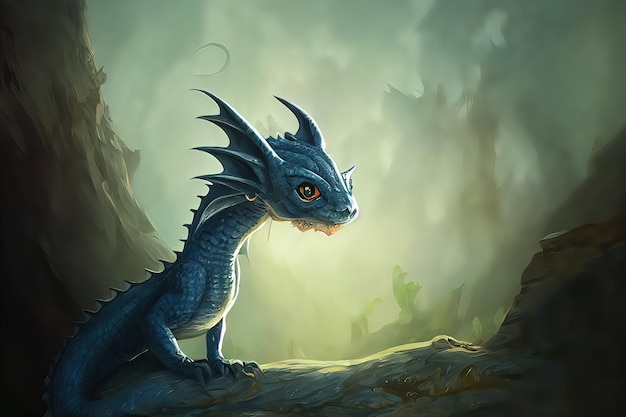 A kawaii baby dragon cute bright and colorful 3d render\
animation adorable dragon baby with large eyes and realistic scales\
in his natural habitat digital art style illustration painting