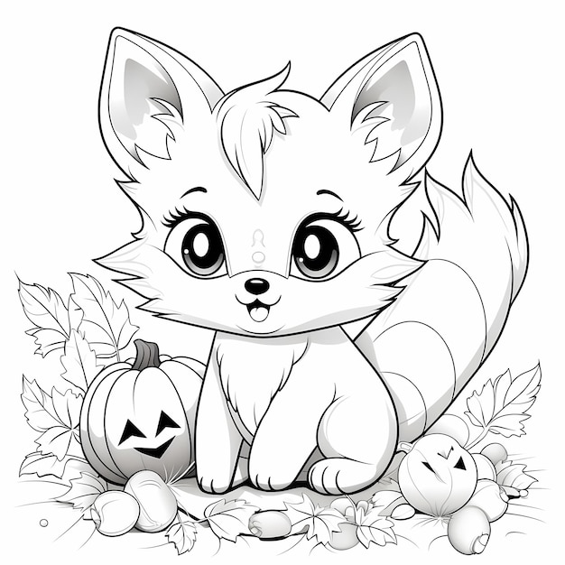 Photo kawaii baby fox with pumkin coloring page white page