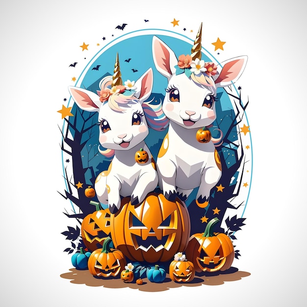 Kawaii baby unicorn and deers playing with a small pumpkin