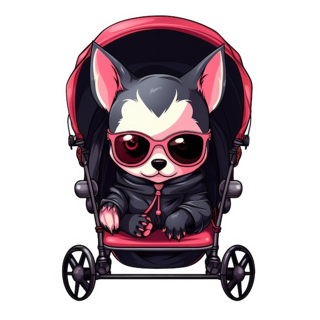 Kawaii Canine in Shades Een lieve vampierpup die in een kinderwagen wandelt Een heerlijk 2D-logo w