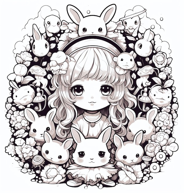 Premium AI Image  kawaii cartoon characters color this a cute coloring page