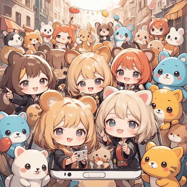 Kawaii Chibi Dierencollectie selfie voor de Wereld Dierendag