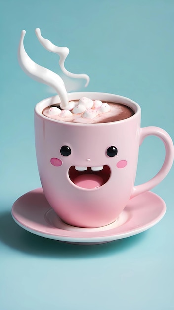 Foto tazza di cioccolato caldo kawaii disegno 3d di personaggi di cartoni animati