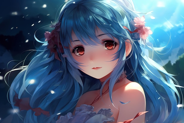 a kawaii cute anime girl with blue long hair