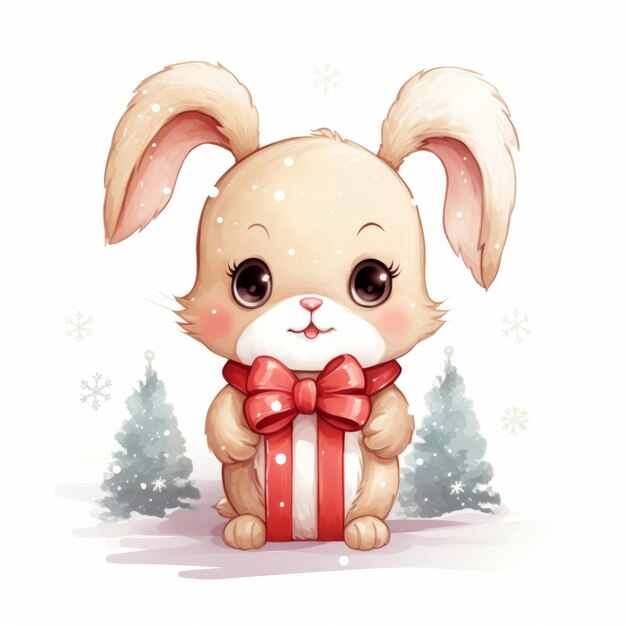 写真 かわいいかわいいウサギの白い背景の水の色スタイルの生成 ai の漫画のクリスマス