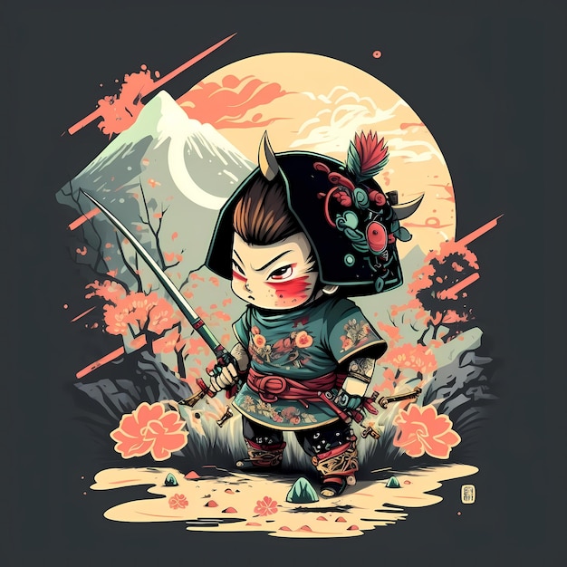 kawaii cute samurai design illustration