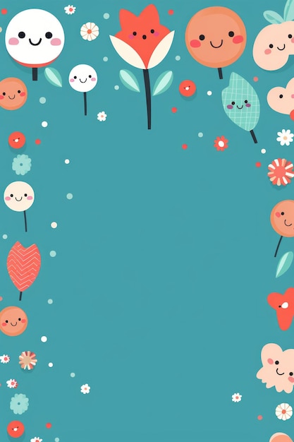 Kawaii flowers and leaves border on a blue background